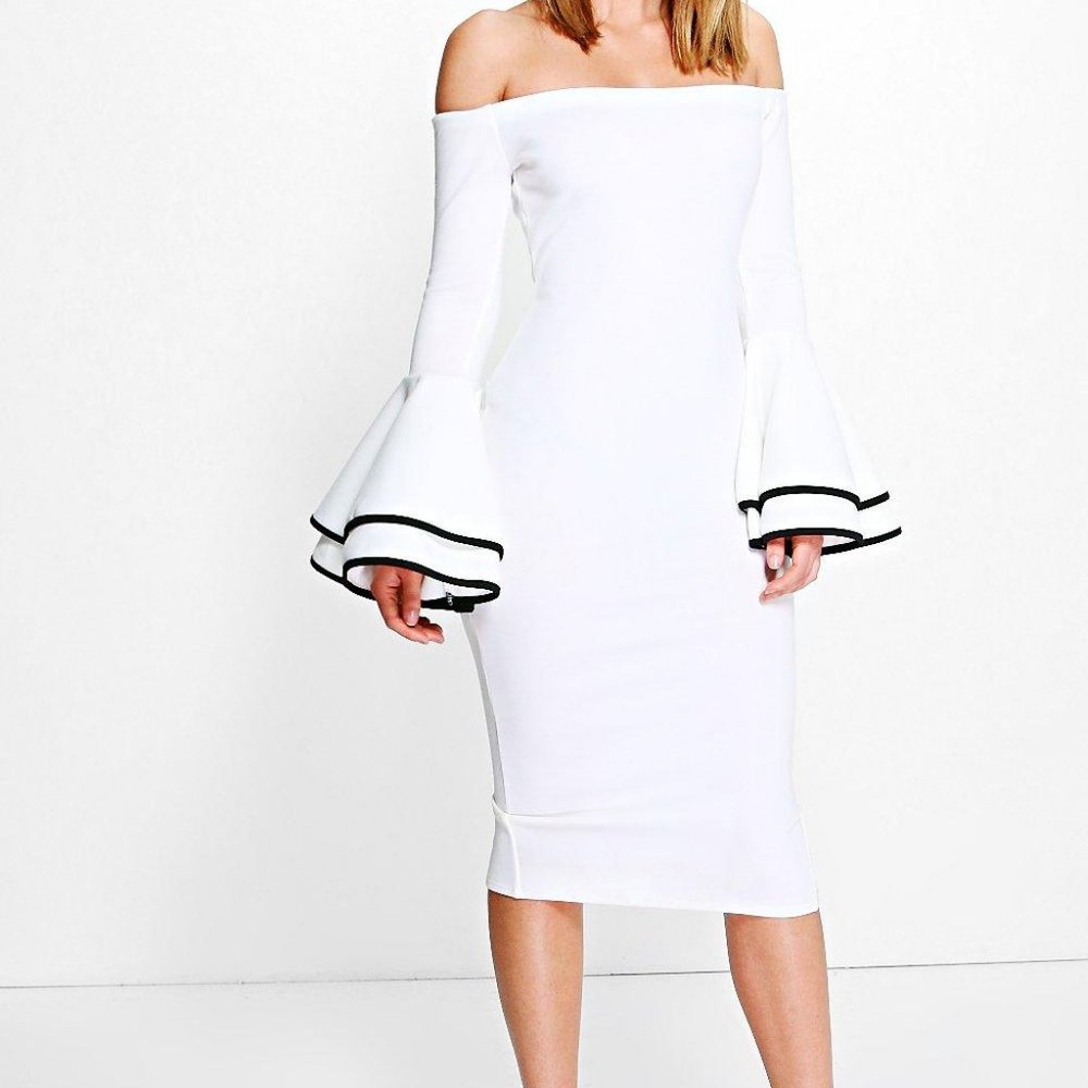 Off Shoulder Flared Sleeve Midi Dress
